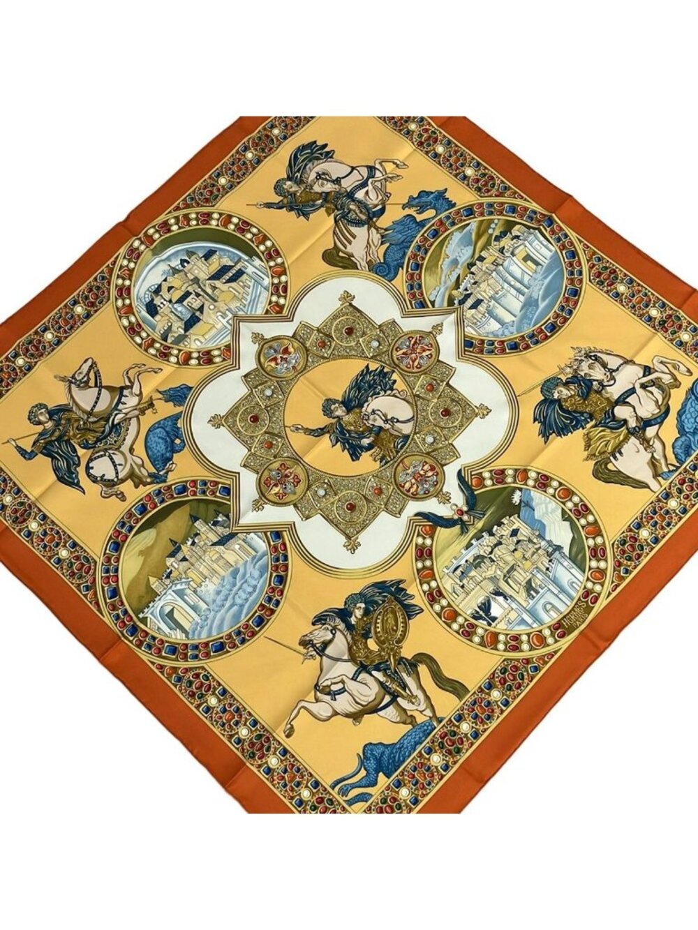 Hermes Scarf Carre 90 Orange Light Brown Multi le Triomphe du Paladin Victory